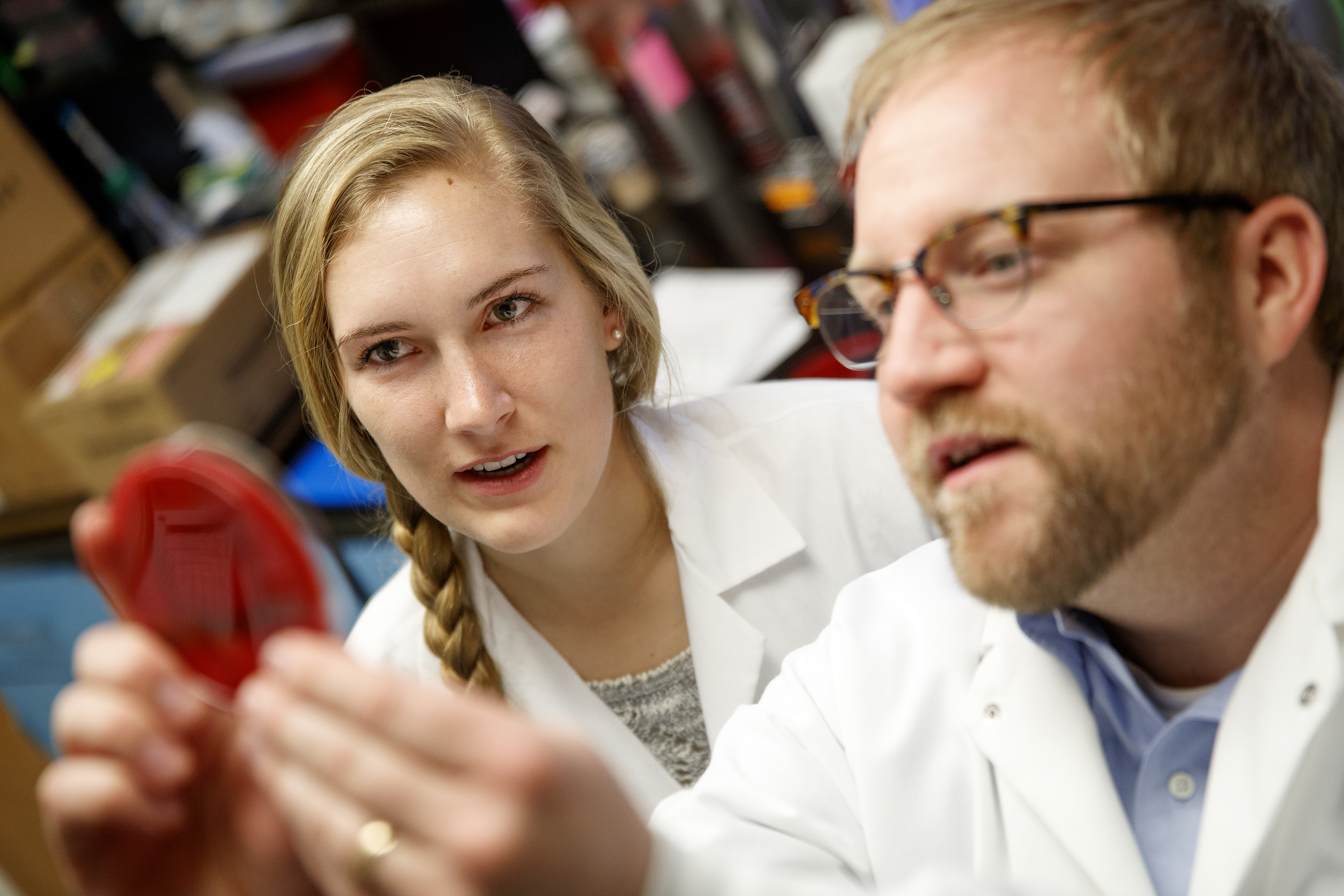 Kara Robbins looks on as Dustin Loy discusses a test sample. Robbins is using the MALDI-TOF device in research into Moraxella bacteria. The project is part of Robbins' undergraduate research project.  
