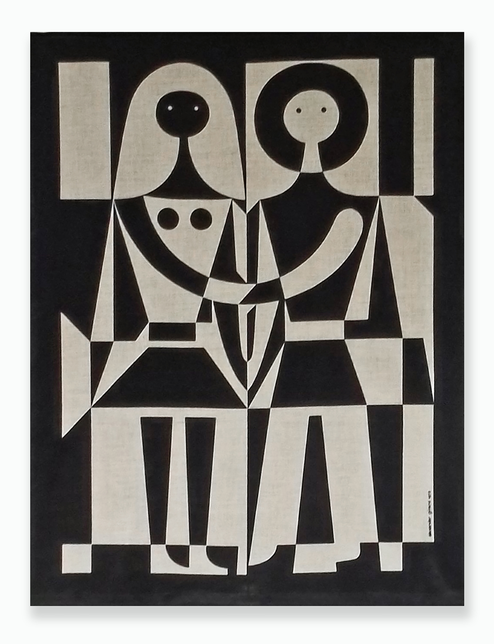 Alexander Girard wall hanging, black-and-white couple, screen print on linen, 1972.