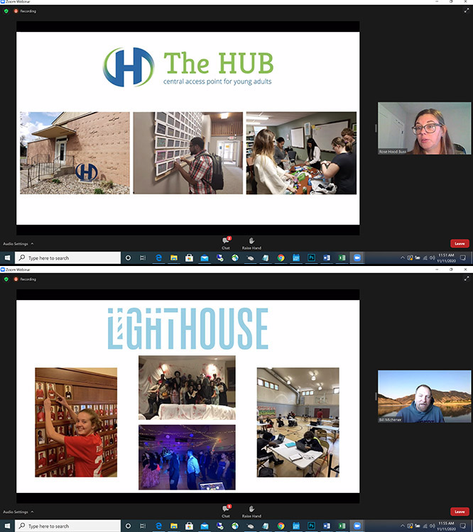 Rose Hood-Buss, executive director of The Hub, and Bill Michener, executive director of Lighthouse, accepted their $5,000 grants from Strive to Thrive Lincoln in a virtual ceremony facilitated by business students.
