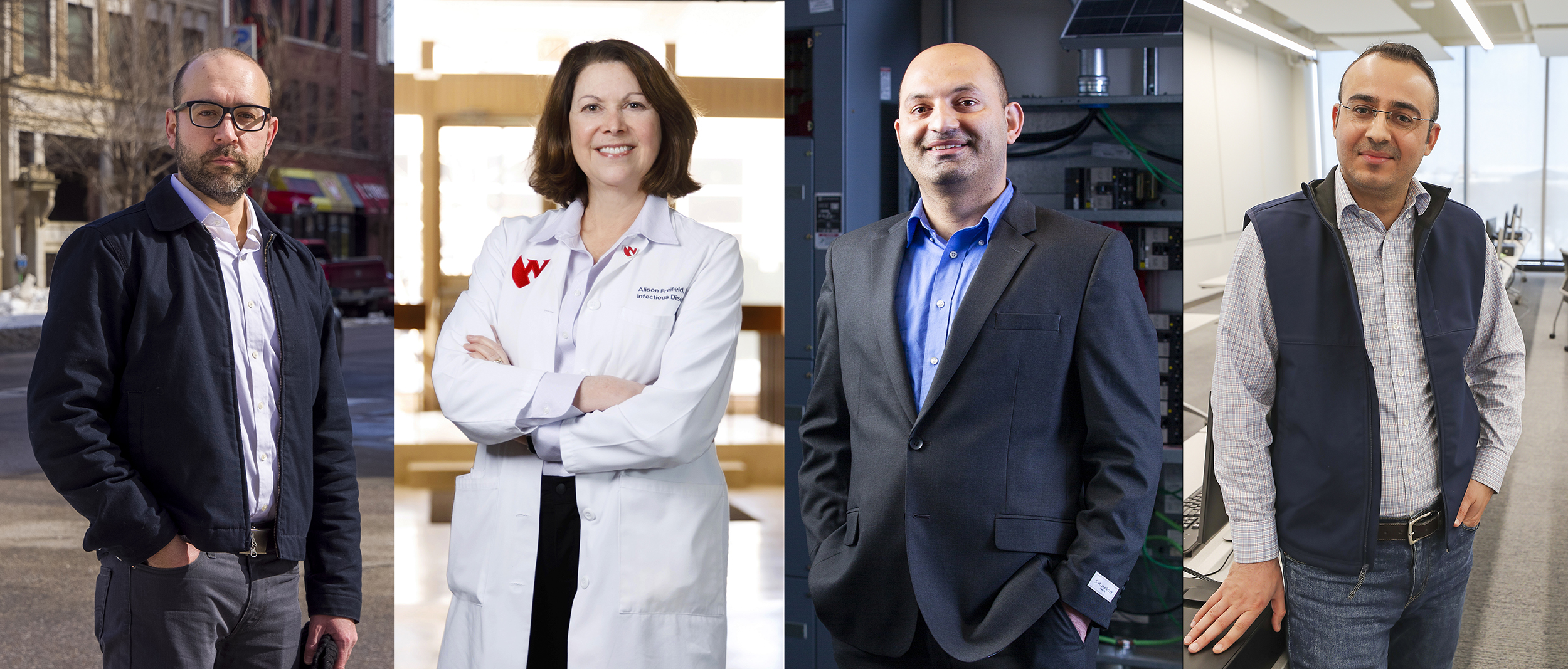 The University of Nebraska’s Pandemic Response Challenge team includes (from left) Dan Piatkowski, assistant professor of community and regional planning at the University of Nebraska–Lincoln; Alison Freifeld, professor of internal medicine at the University of Nebraska Medical Center; Fadi Alsaleem, assistant professor of architectural engineering at the University of Nebraska-Lincoln; and Basheer Qolomany, assistant professor of computer science at the University of Nebraska at Kearney. 