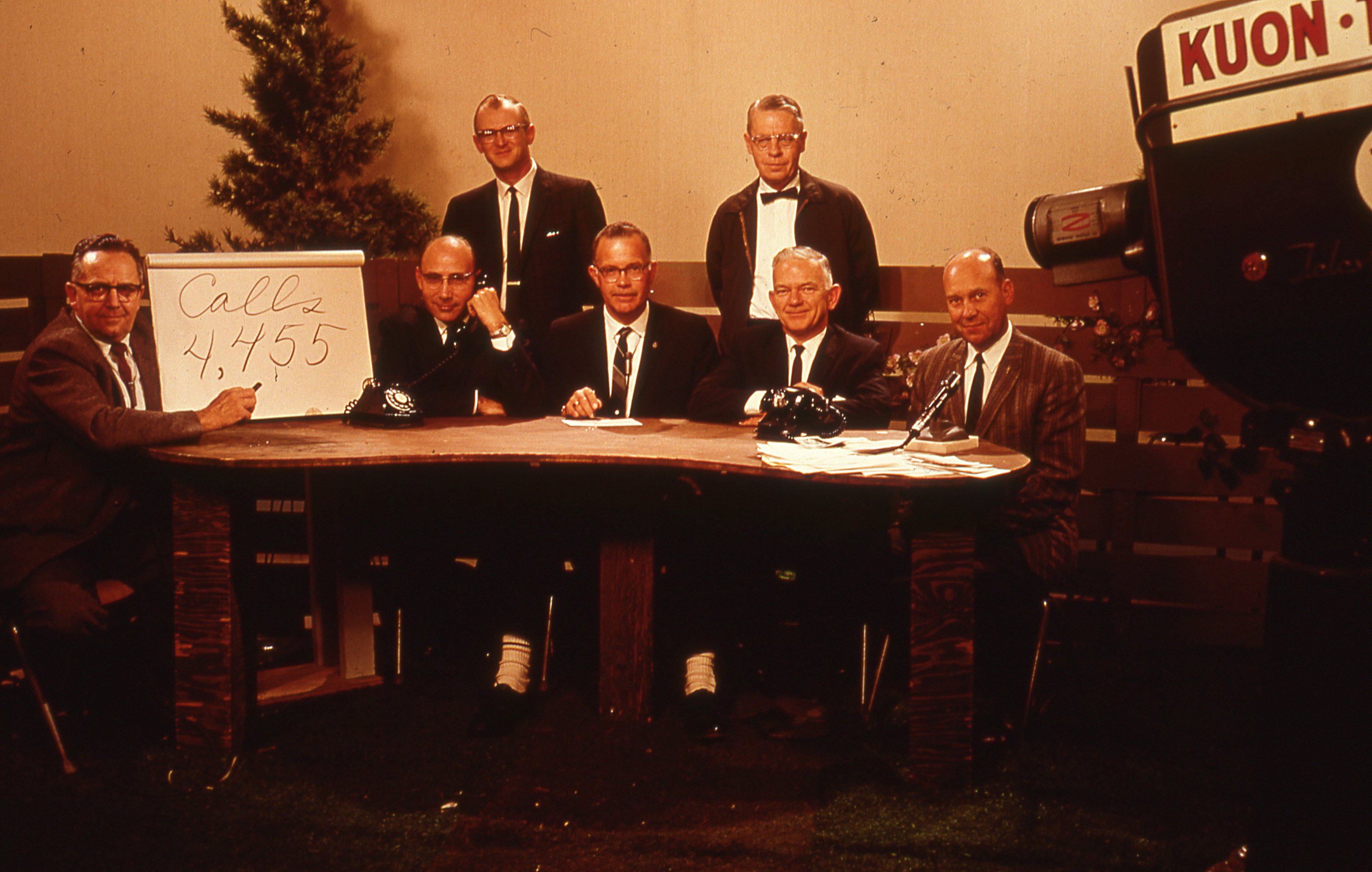 “Backyard Farmer,” the longest-running locally produced TV program in the country, celebrates its 70th anniversary this spring. Pictured here during the show’s 1967 season are (from left) Wayne Whitney, extension horticulture specialist; John Wheihing, extension plant pathologist; Dwayne Trenkle (standing), co-host; John Furrer, extension turf and weed specialist; George Round (standing), founder and host; Bob Roselle, extension entomologist; and Cyril Bish, extension educator.