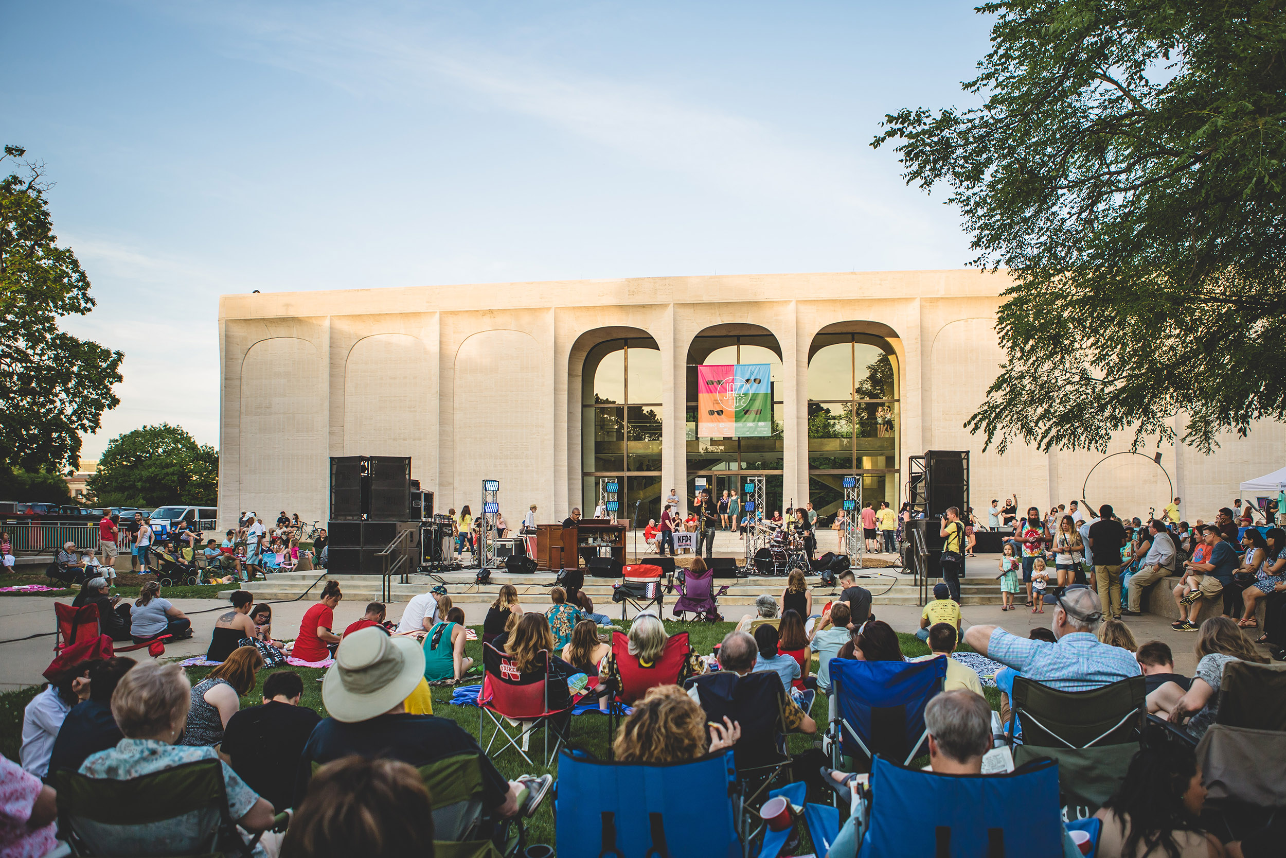 A crowd watches a jazz band perform in the Sheldon Sculpture Garden during a previous Jazz in June.