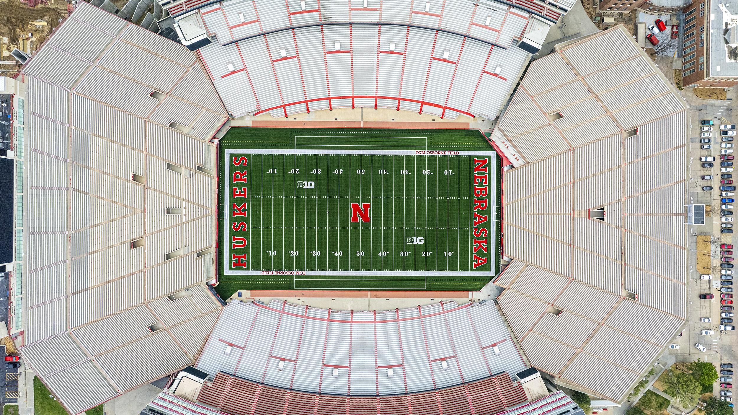Aerial photo of Memorial Stadium from directly above midfield, red N in center of field