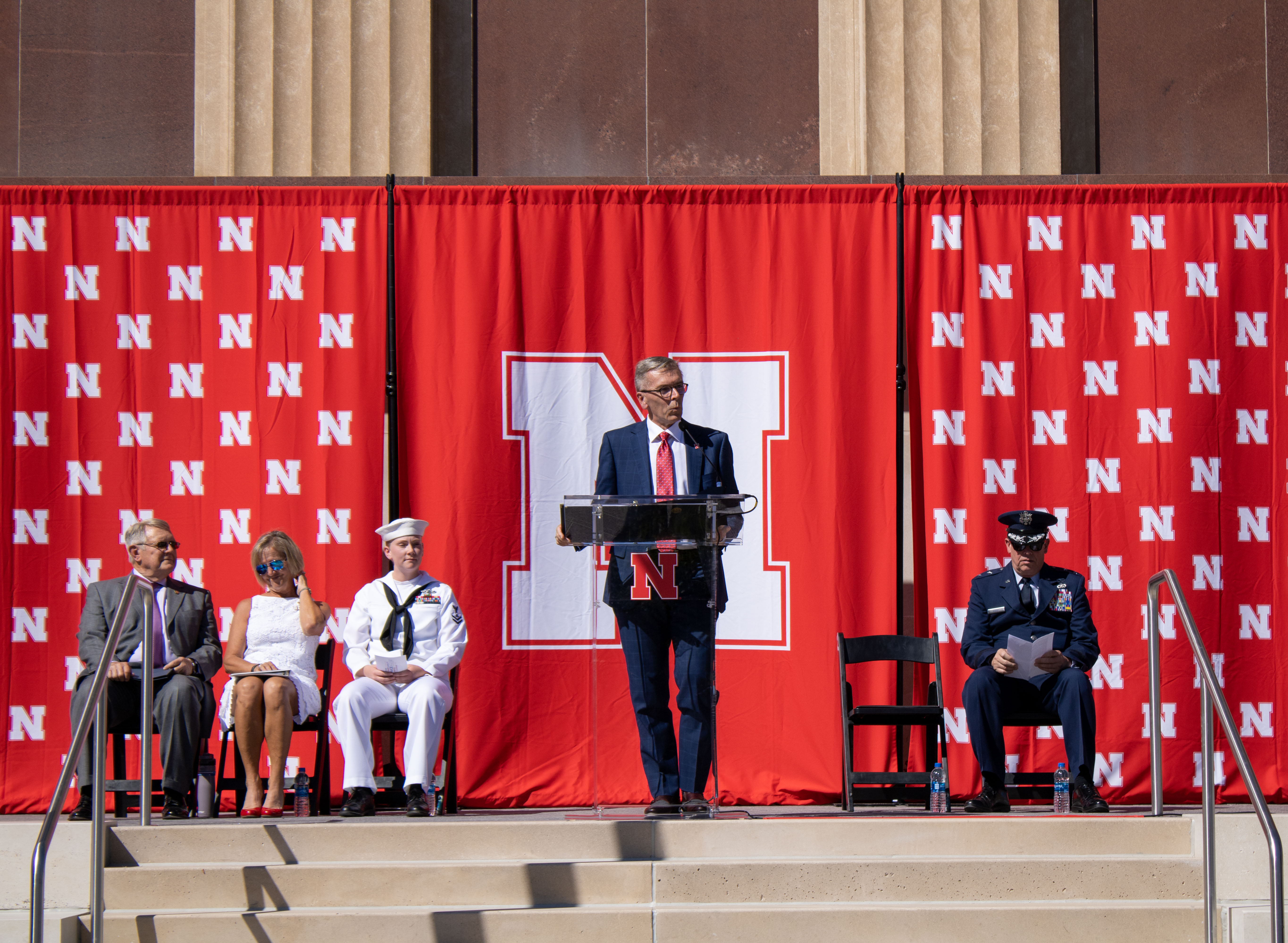 Chancellor Ronnie Green speaks during the dedication of the new Veterans’ Tribute space on Sept. 11.