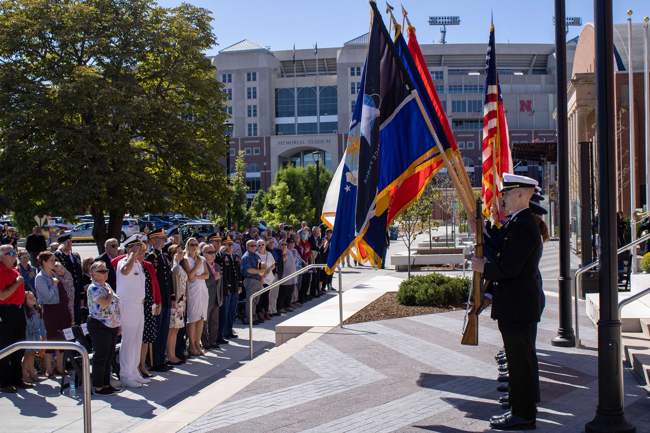 A color guard presents the flags during the dedication of the new Veterans Tribute.