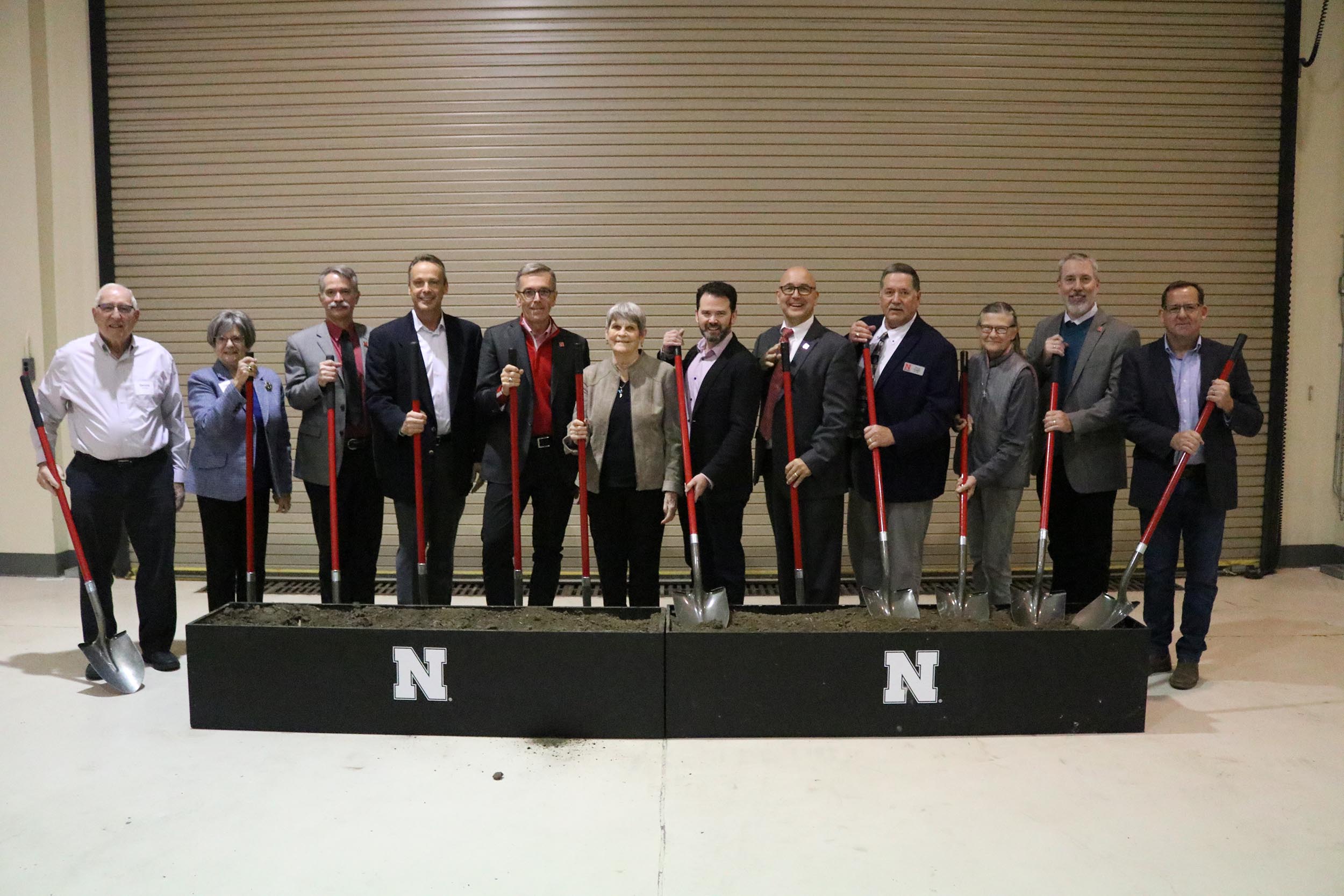 The University of Nebraska–Lincoln broke ground on its Feedlot Innovation Center near Mead on Nov. 4. Participating in the ceremony were (from left) Dennis and Glenda Boesiger; Clint Krehbiel, head of the Department of Animal Science; Mike Drury, president of Greater Omaha Packing; Chancellor Ronnie Green; Beth Klosterman; Steve Cohron, president of fed beef, JBS USA; IANR Vice Chancellor Mike Boehm;  Doug Zalesky, director of the Eastern Nebraska Research, Extension and Education Center; Nanc