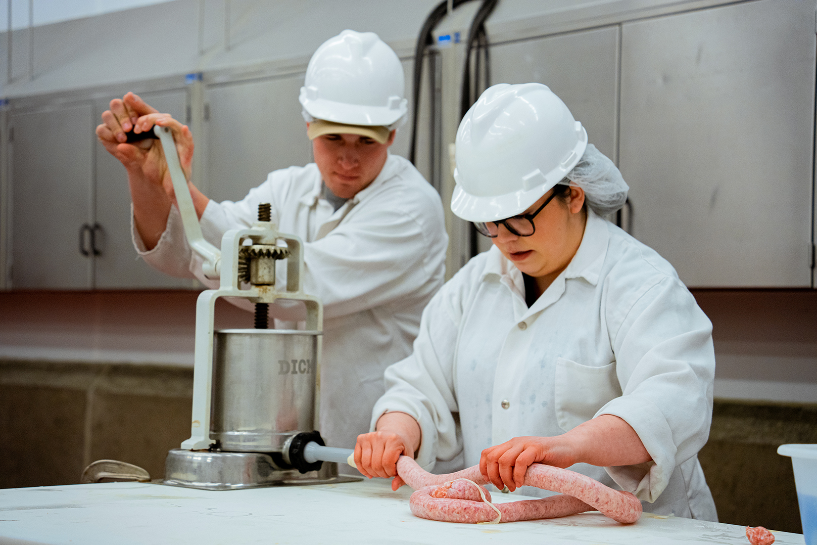 Two food scientists, a man and a woman, make sausage.