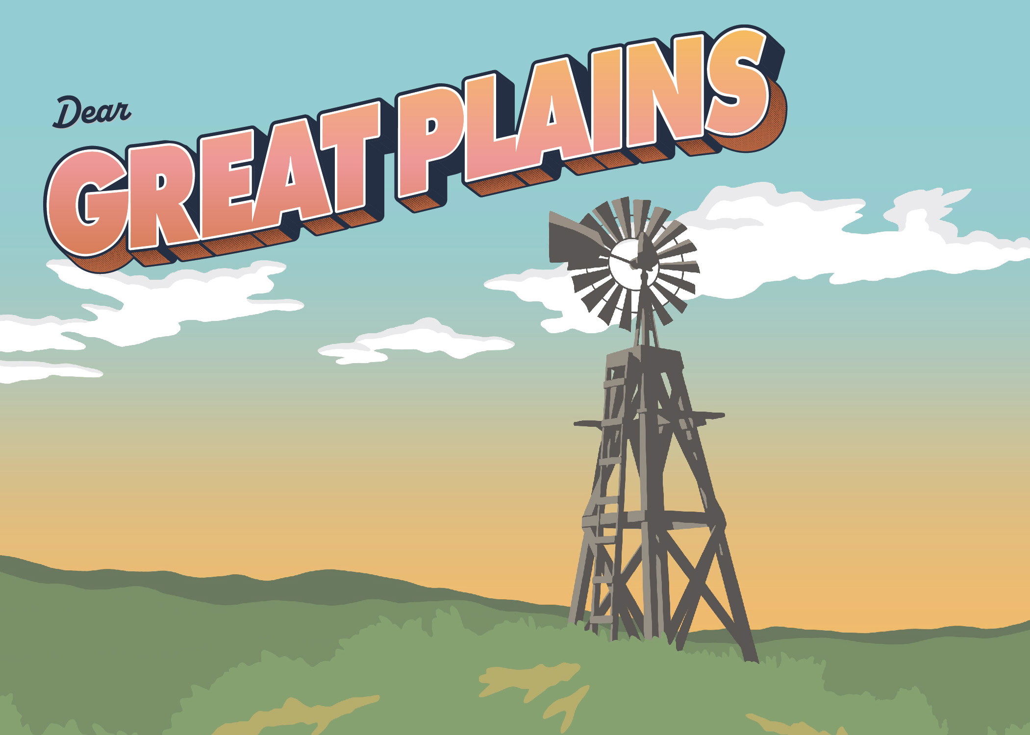 Illustration of windmill with "Dear Great Plains" in sky