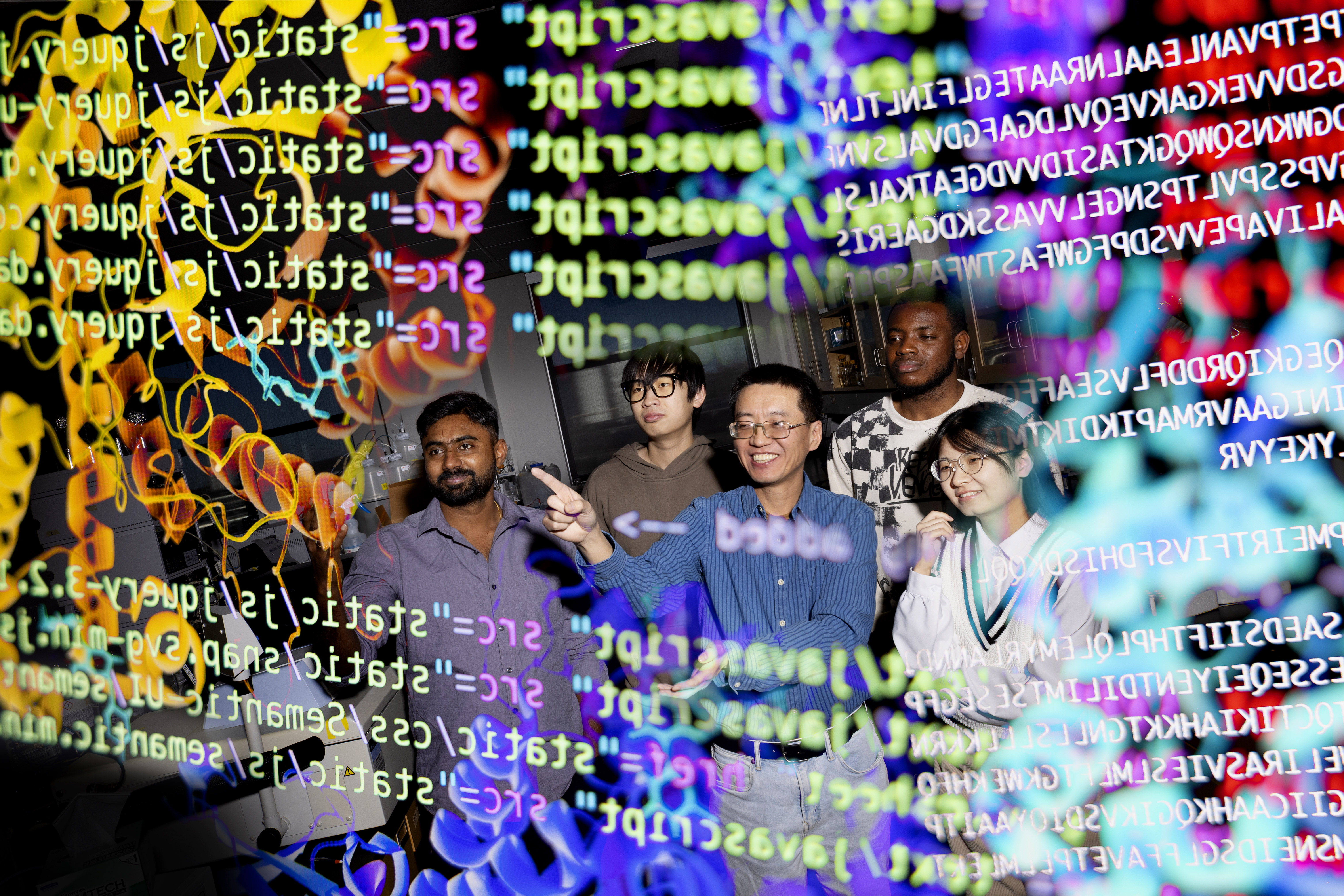 Four men and a woman stand amid colorful lines of code.