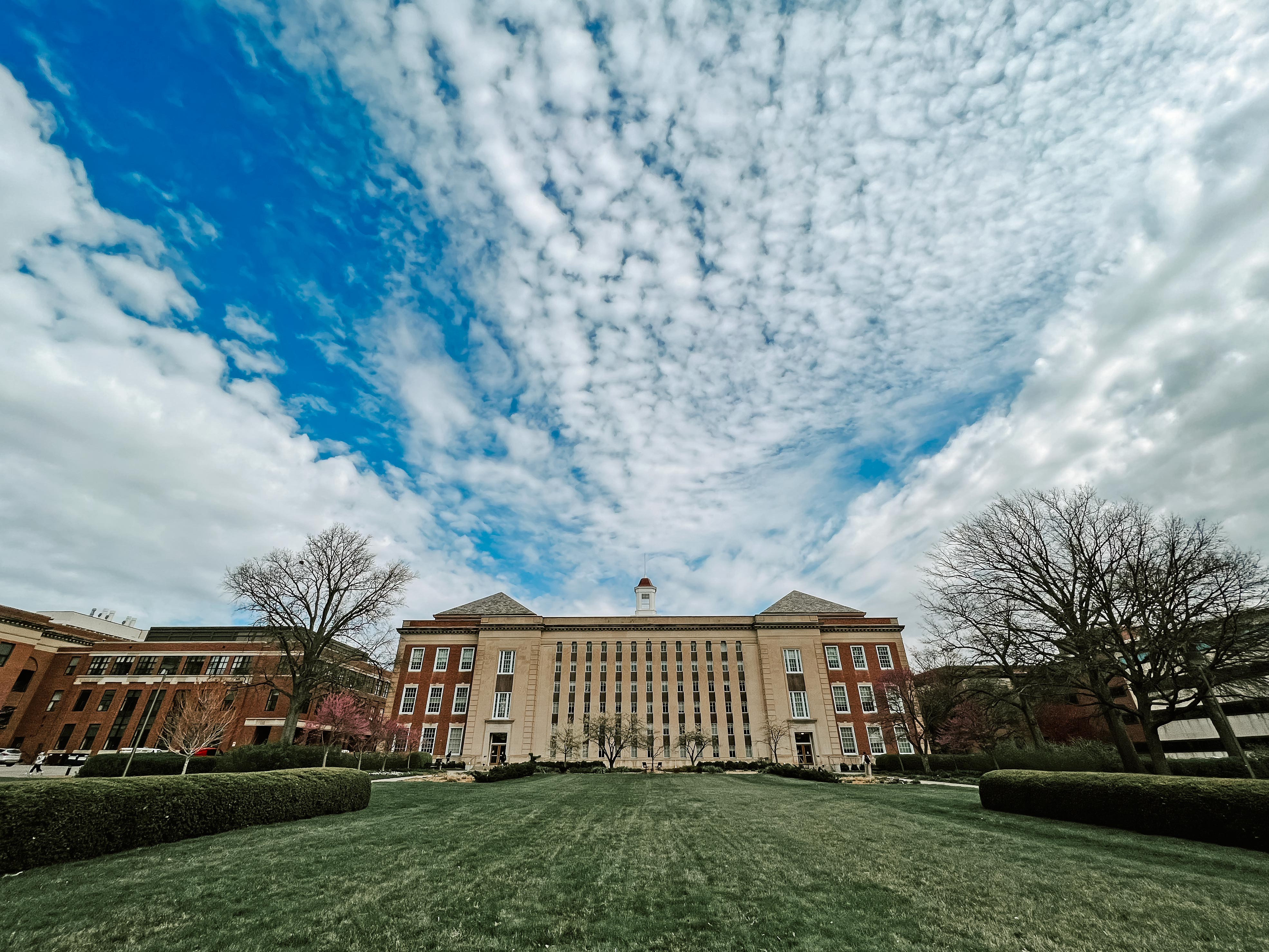 The south side of Love Library under a cloudy sky