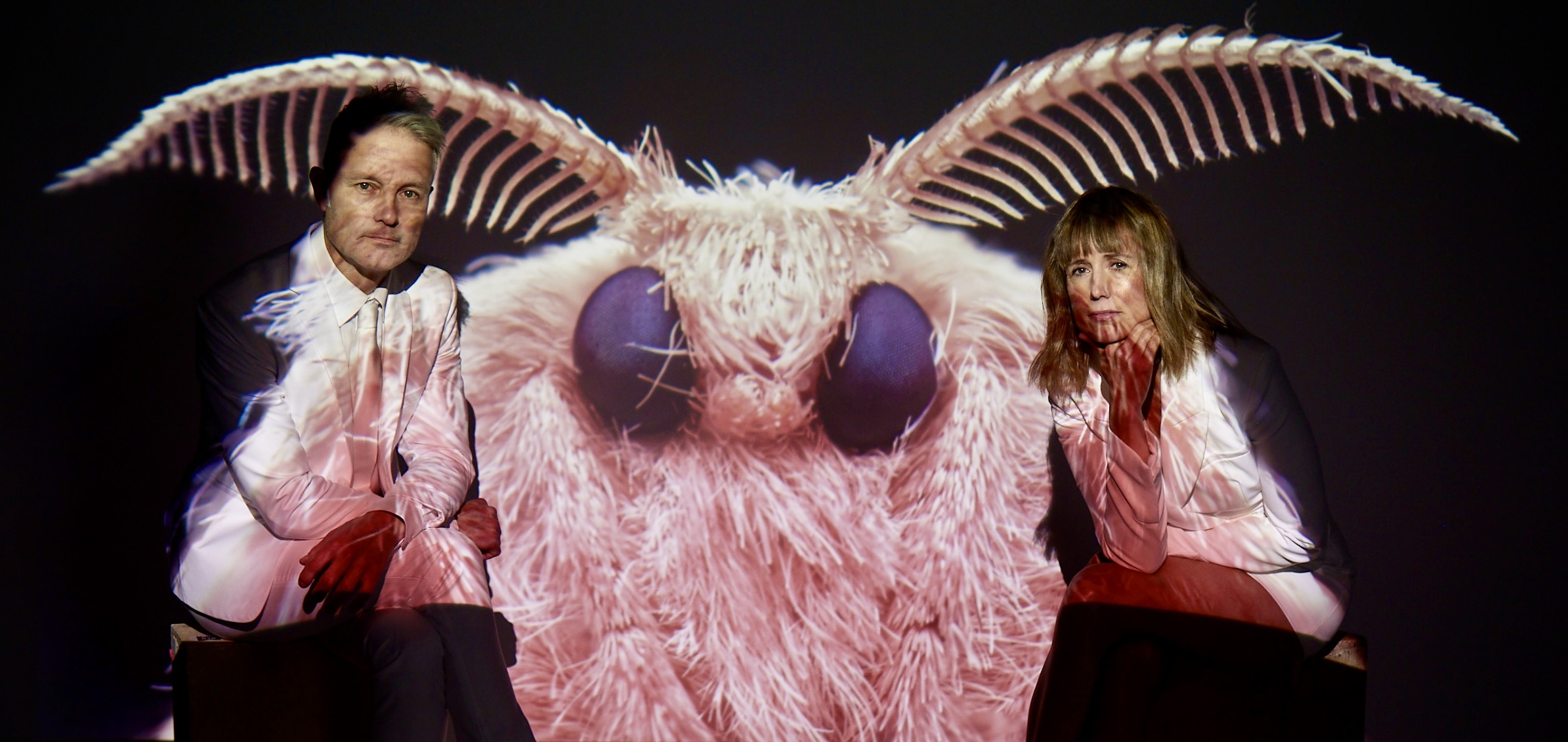 The Moth Project's Peter Kiesewalter and Whitney La Grange, dressed in white suits, sit next to a large projected image of a moth.