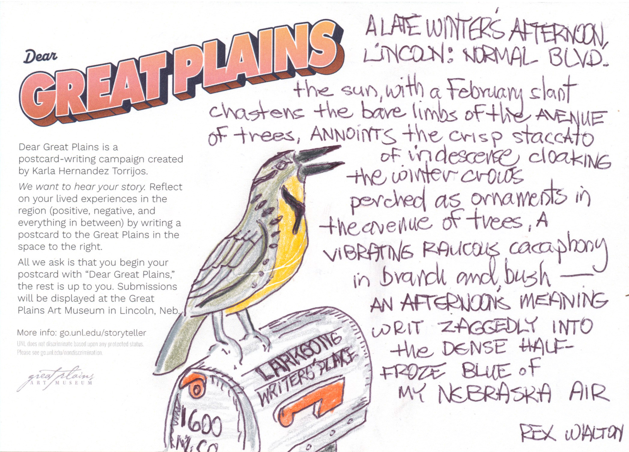 A "Dear Great Plains" postcard with a drawing of a lark on a mailbox that reads "Larksong Writers' Place" next to a poem titled "A Late Winter's Afternoon, Lincoln: Normal Boulevard."