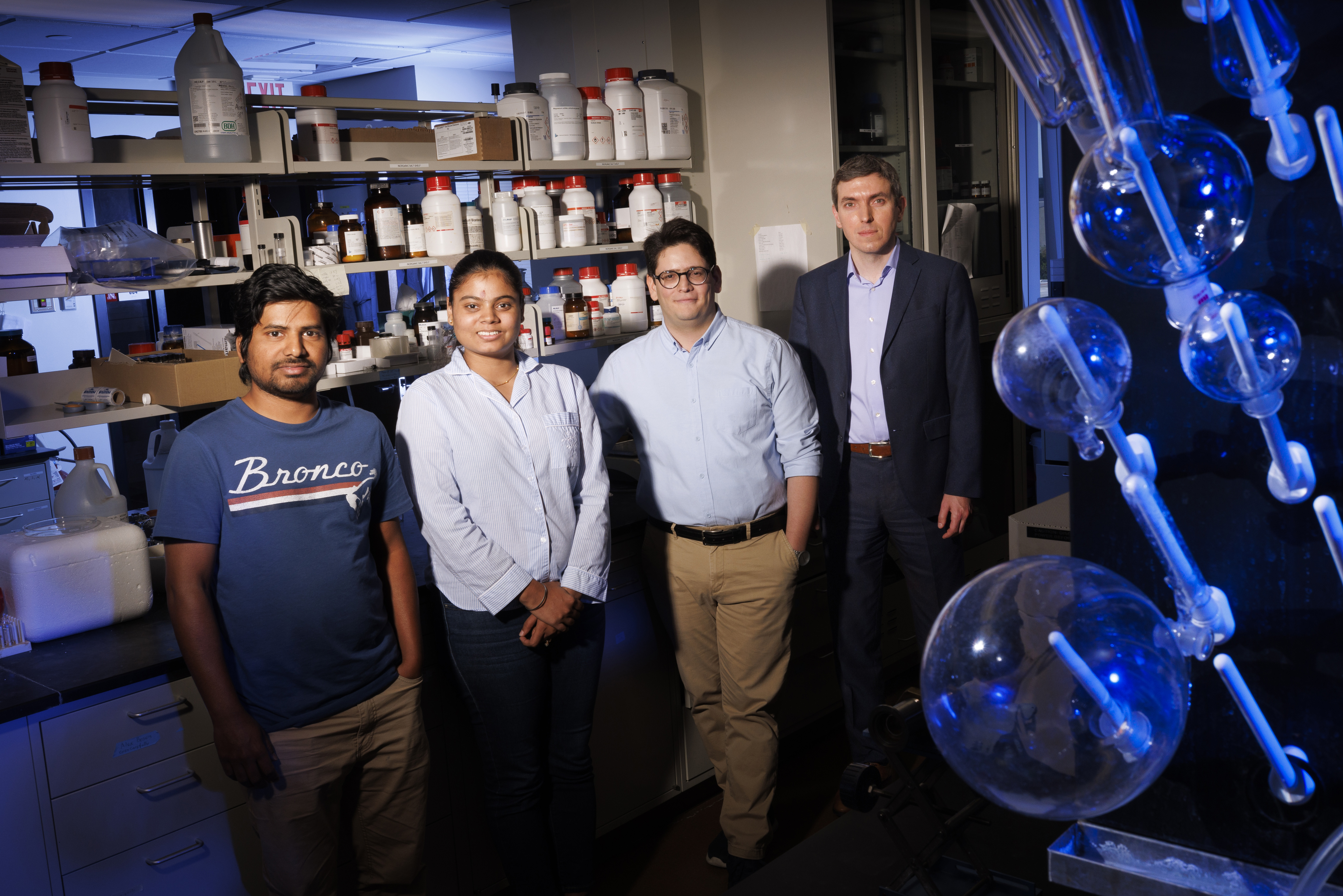 Husker researchers (from left) are Md. Ibrahim Kholil and Rashmeet Khurana, both graduate students in chemistry; Saman Bagheri, postdoctoral research associate in chemistry; and Alexander Sinitskii, professor of chemistry.