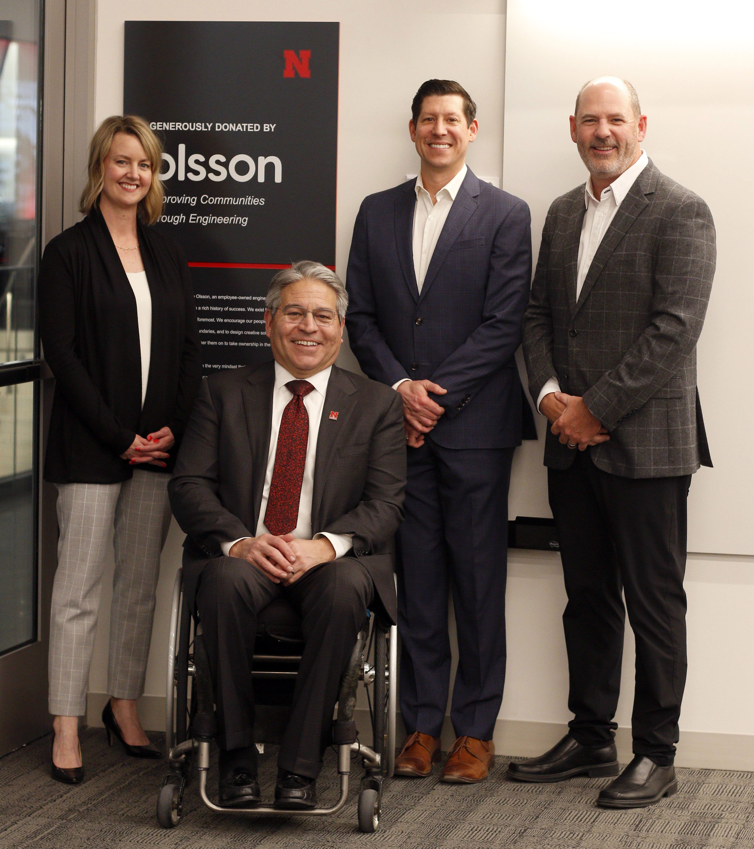 Pictured with Lance C. Pérez, Fred Hunzeker Dean of Engineering (second from left), are Olsson team members Katie Underwood (left) and Nick Steinke (third from left); and Brad Strittmatter, Olsson president and CEO.