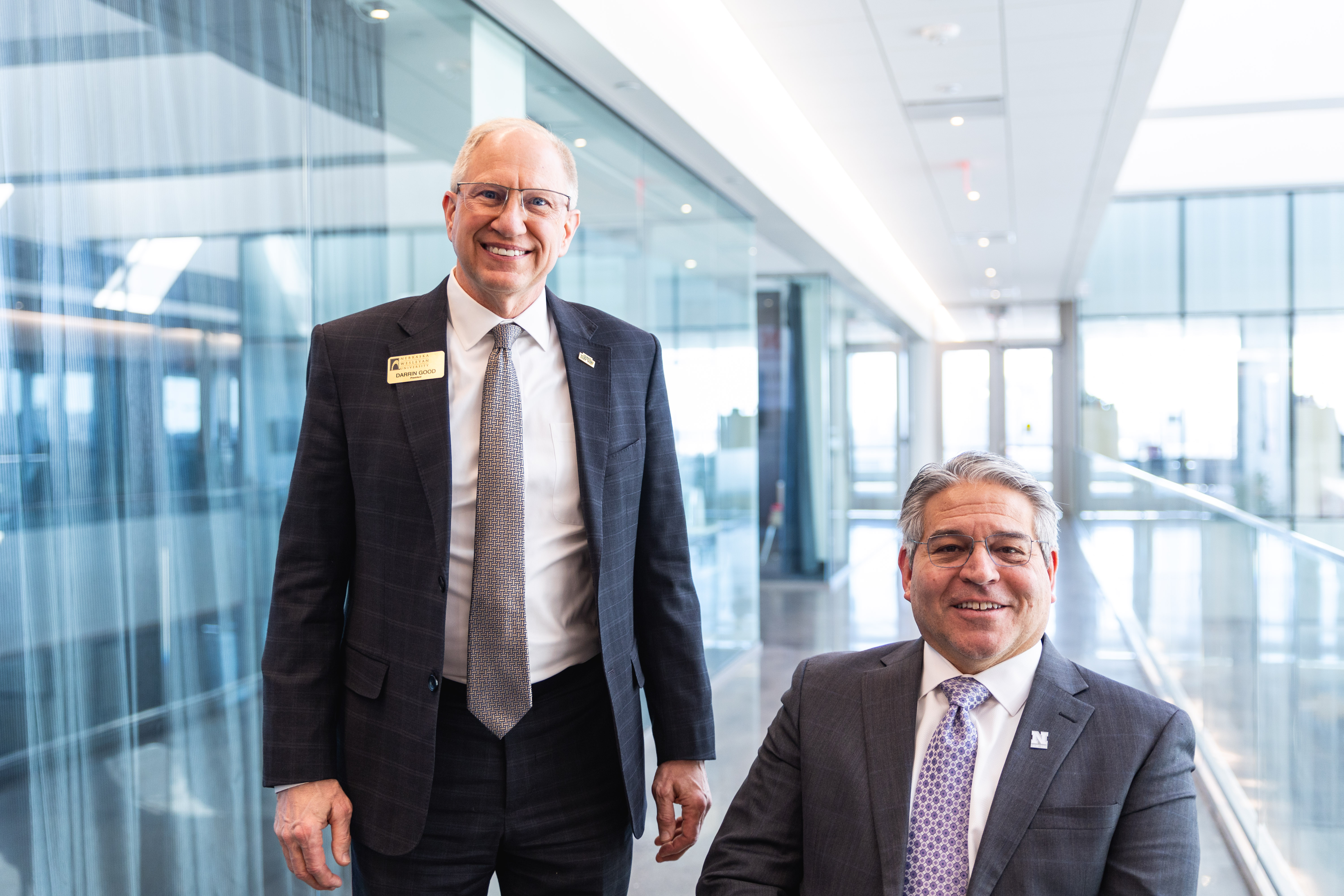 Darrin Good (left), president of Nebraska Wesleyan University, and Lance C. Pérez, Fred Hunzeker Dean of Engineering at the University of Nebraska-Lincoln, in Kiewit Hall.