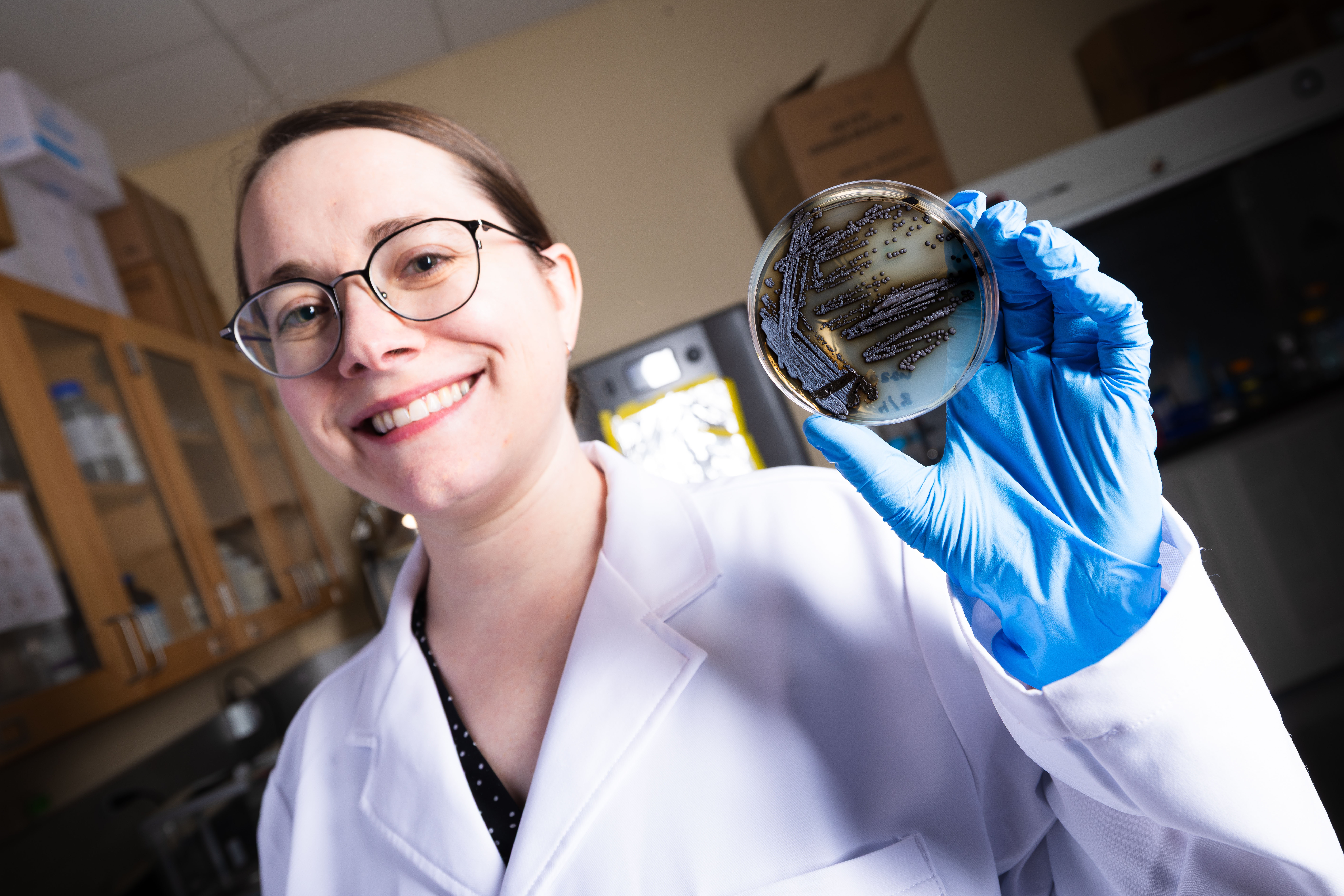 Erin Carr, a postdoctoral researcher, displays a petri dish containing Exophiala viscosa, a novel fungus she isolated, characterized and genome sequenced. The dark brown, iridescent colonies are surrounded by a shadowy halo of secreted melanin, highlighting the organism’s striking pigmentation and potential for biotechnological applications.