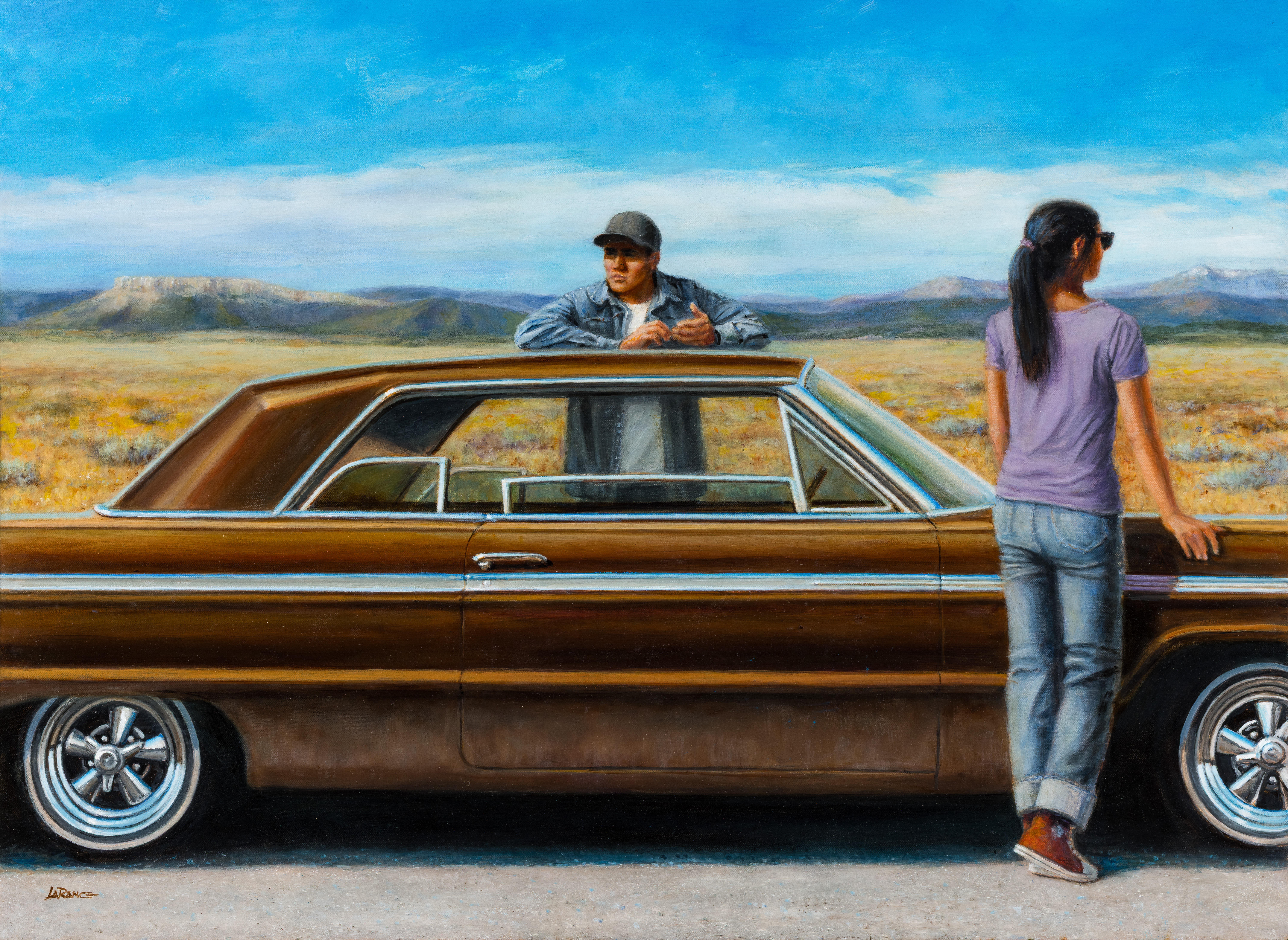 “Drive-In Church” by Steve C. LaRance (Little Shell Tribe of Chippewa Indians) — a 2022 oil painting of a young man and young woman standing on either side of a brown car with a prairie and mountains in the background.
