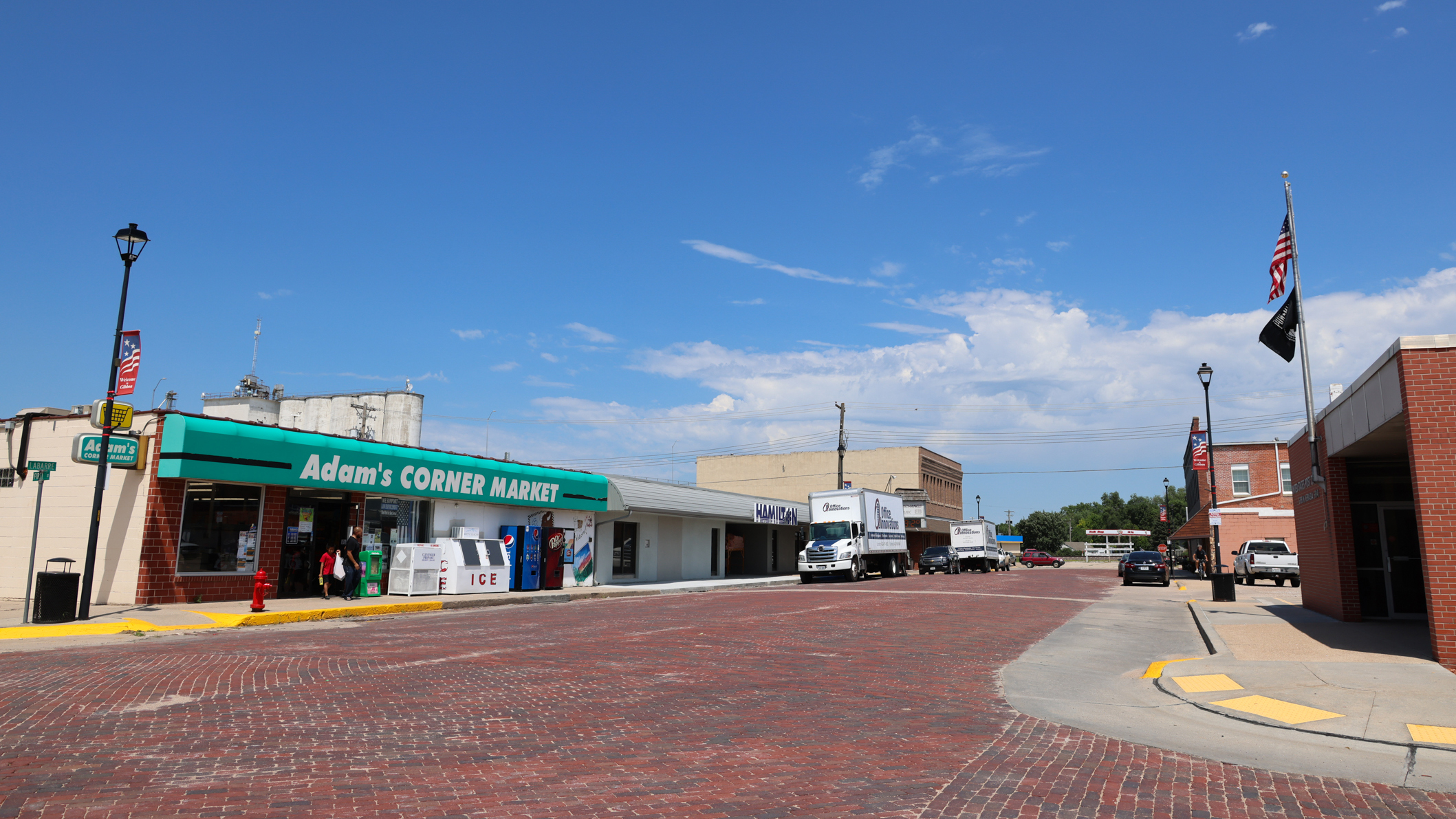 Shoppers exit the supermarket in downtown Gibbon, Nebraska.