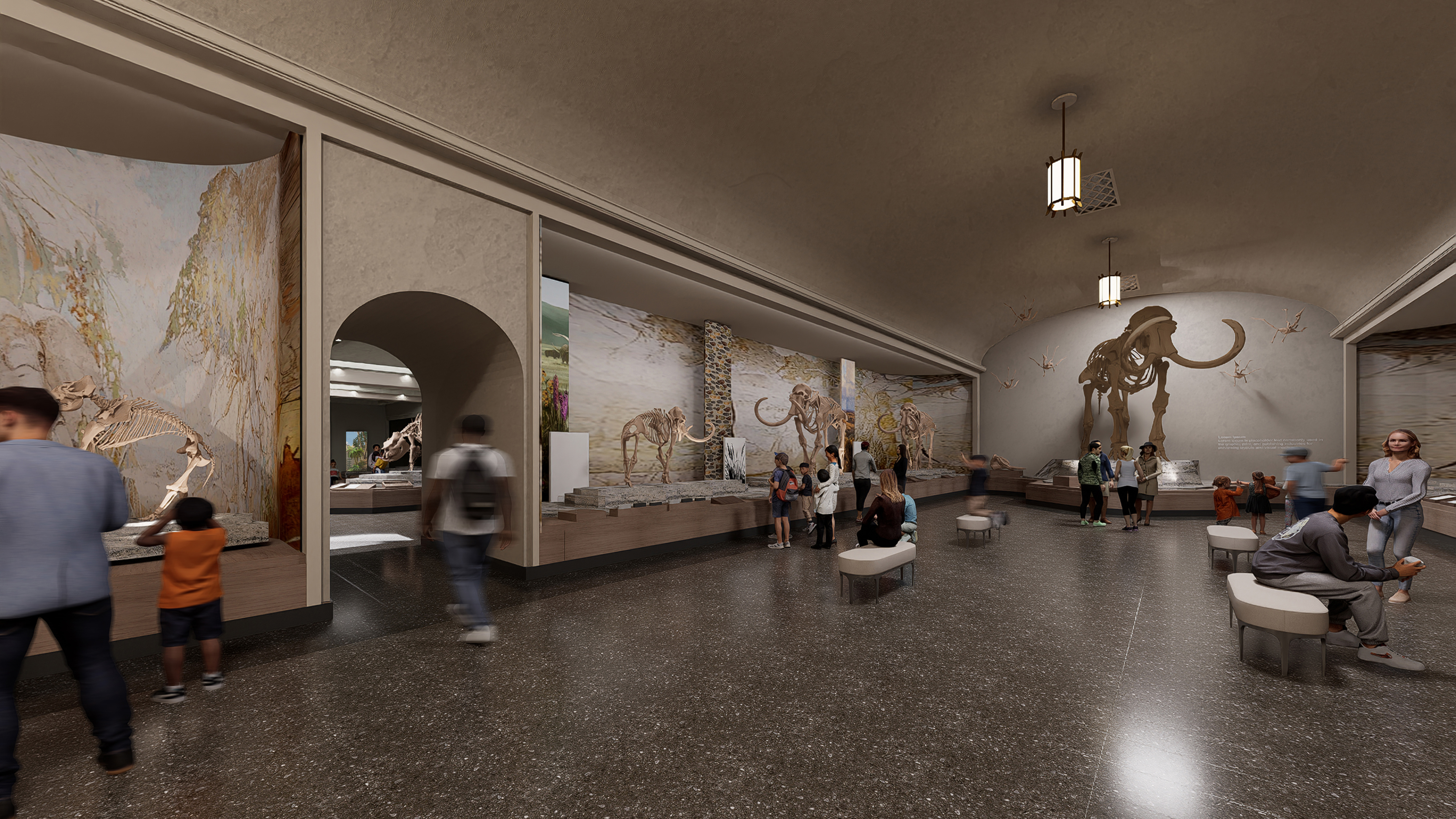 A rendering of a renovated Elephant Hall at the University of Nebraska State Museum-Morrill Hall, with people observing mammoth and mastodon fossils.