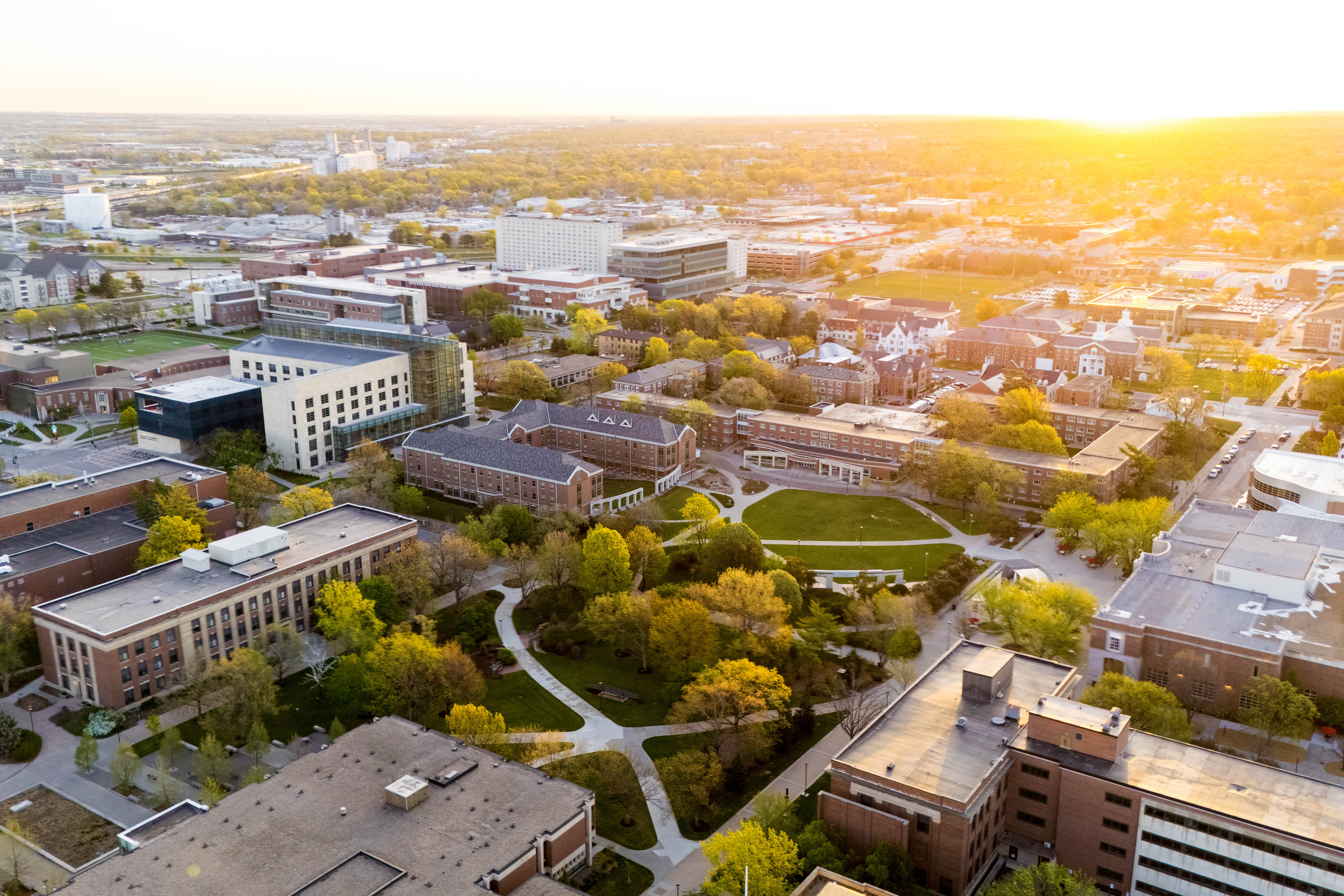 An aerial view of the University of Nebraska–Lincoln's City Campus at sunrise.