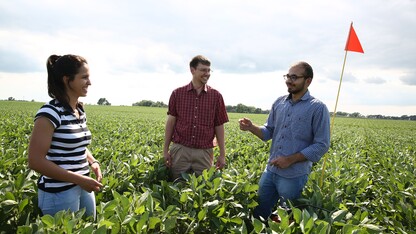 University of Nebraska–Lincoln student researchers Bella Possignolo (left) and Sandeep Bhatti (right) conduct fieldwork with DWFI Faculty Fellow and Nebraska irrigation engineer Derek Heeren. 
