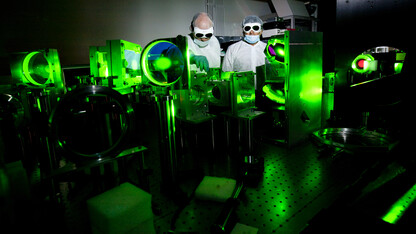 Researchers conduct tests with the Diocles Laser, which is part of the University of Nebraska–Lincoln's Extreme Light Laboratory. The laser is being used to further national defense research aimed at detecting bombs hidden in cargo containers.