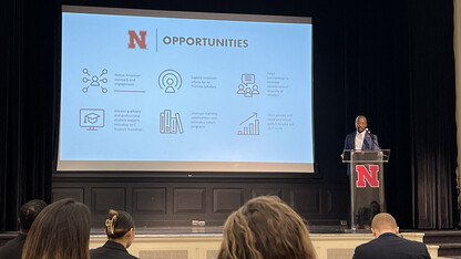 Marco Barker, vice chancellor for diversity and inclusion, closes his remarks during the annual State of Diversity Nov. 16.