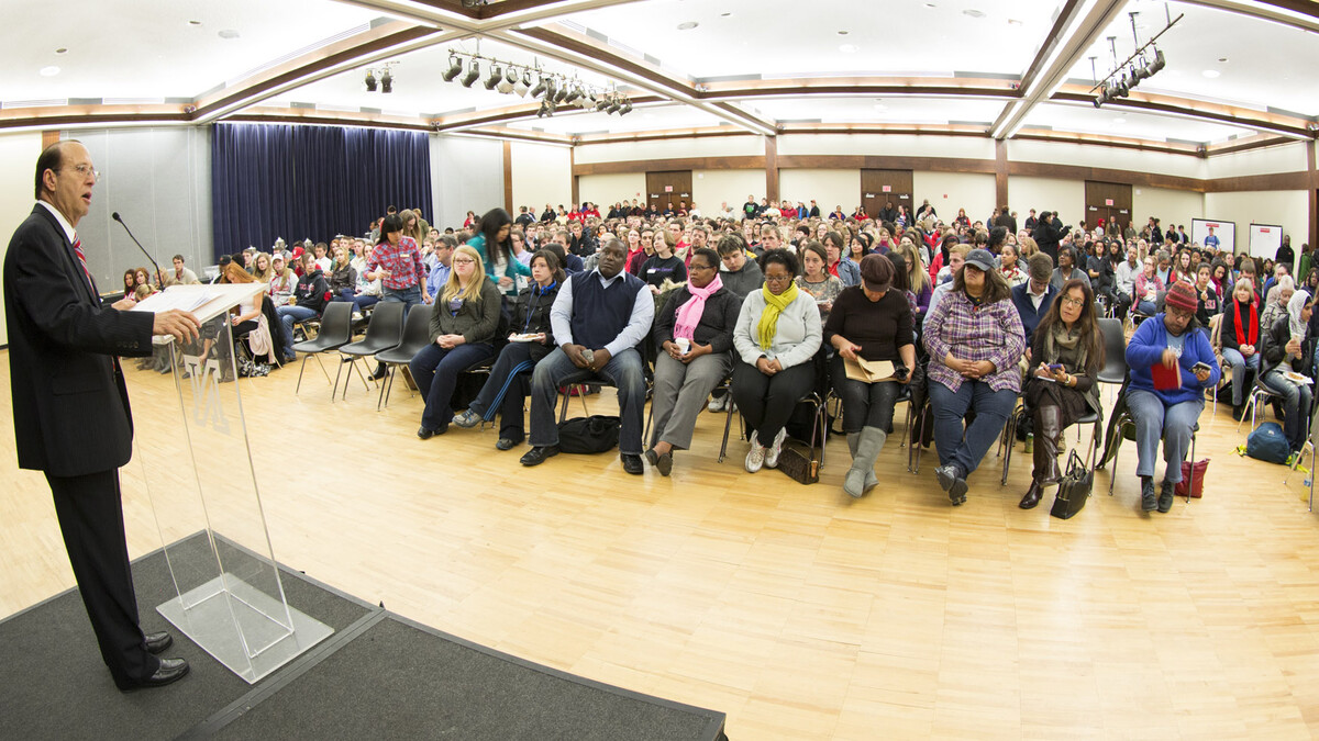 Vice Chancellor for Student Affairs Juan Franco addresses hundreds of students, faculty and staff at the Nov. 25 kickoff. 