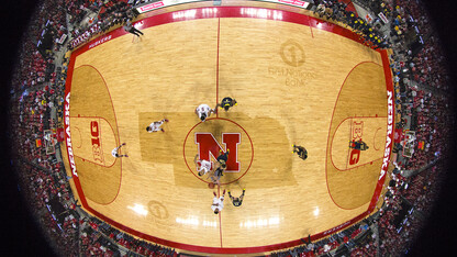 Nebraska and Michigan tip off at center court in a January 2014 game at Pinnacle Bank Arena.