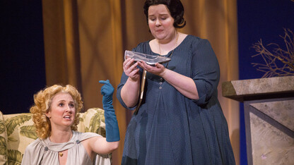 Cinderallas Jamie Unger (from left) and Alexandra Tiller react to the glass slipper being the only memento of the ball during a Feb. 18 rehearsal of Jules Massenet's "Cendrillon." The UNL opera program performs the spin on the classic Cinderella tale on Feb. 21 and 23.