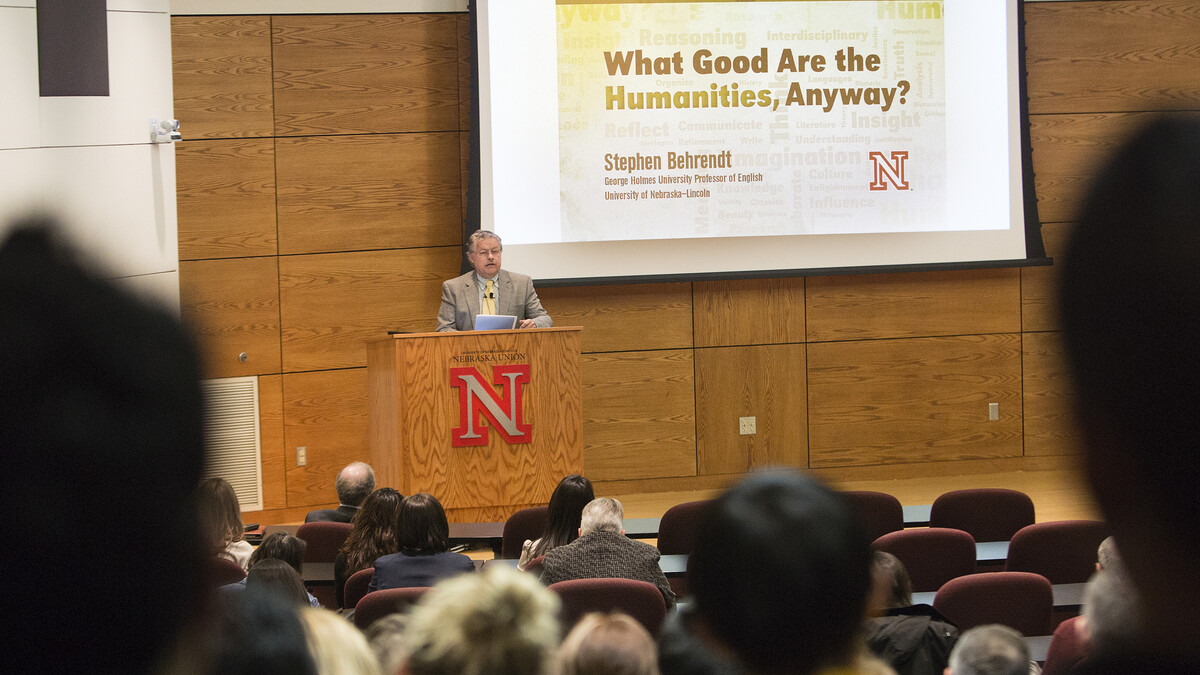Stephen Behrendt, professor of English, discusses the importance of humanities during the April 16 Nebraska Lecture in the Nebraska Union.