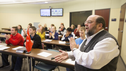 Charles Braithwaite leads the Global Classroom with UNL students in April 2013. The Global Classroom allows interaction with students from Russia, Yemen, Pakistan, Turkey, Costa Rica and Spain.