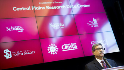 Prem Paul discusses the Central Plains Research Data Center, a partnership with the U.S. Census Bureau’s Center for Economic Studies, during a grant announcement on March 9, 2015.