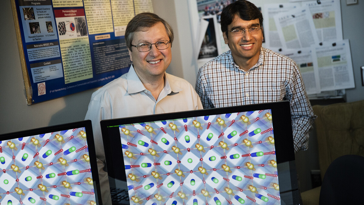 Evgeny Tsymbal (left), a George Holmes University Professor of physics, and Tula Paudel, research assistant professor of physics.