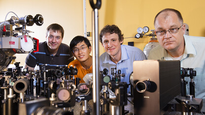 From left, doctoral students Joshua Beck and Jie Yang with Martin Centurion and Cornelis "Kees" Uiterwaal, associate professors of physics and astronomy.
