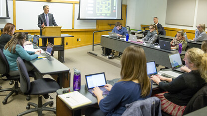 Richard Moberly, dean of Nebraska Law, leads a lecture in McCollum Hall. A new law in business major will feature five law faculty guiding four classes offered to undergraduates through the College of Business.