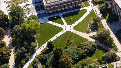 Aerial photo of Love Library on the University of Nebraska–Lincoln's City Campus.
