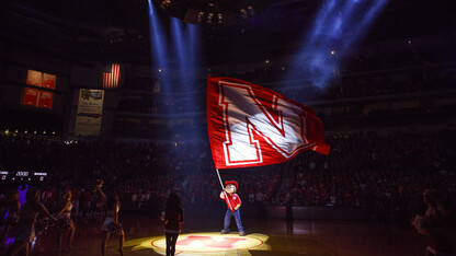 Herbie Husker waves the "N" flag before Nebraska's player introductions.