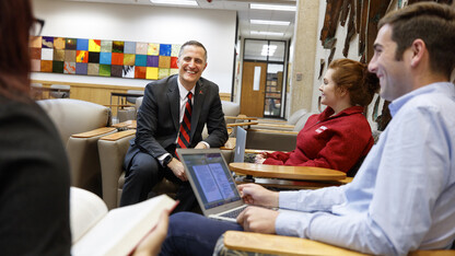 Richard Moberly shares a light-hearted moment with students in the University of Nebraska College of Law. Moberly, who has served as dean of the college since April 2017, has been named interim executive vice chancellor for the university.