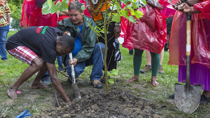 Vincent Kumwenda (left), a Mandela Washington Fellow in summer 2017, places a time capsule next to the roots of a London Planetree as Nebraska's Laurence Ballard uses a shovel to hold back soil. The event was part of a Mandela Day observance during the fellows' 2017 visit to Nebraska.