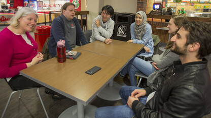 For the second year, Student Involvement is offering Coffee Talks, a series that allows members of the campus community to explore cultural differences. Participants in the Jan. 26 conversation included (from left) Veronica Riepe, Dan Hutt, Shang Wei, Tasneem Bouzid, Adriana Miller and Imeda Iakovenko.