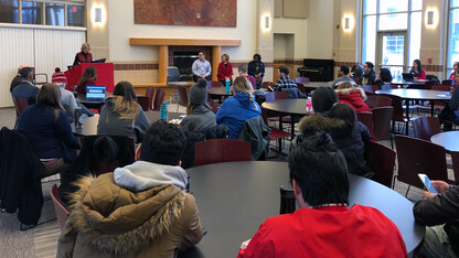 Donde Plowman, executive vice chancellor, answers questions during the Feb. 8 "Campus Conversations" open forum in Kauffman Academic Center. The series continues Feb. 9 with sessions for students, faculty and staff.