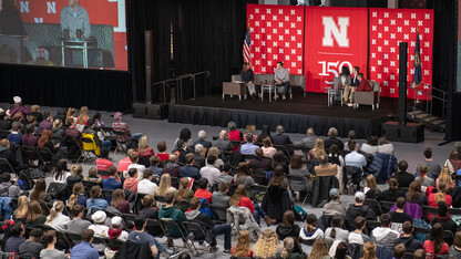 Students, faculty and staff listen to the panel discussion with Sen. Ben Sasse during a Charter Week event Feb. 11 at the Coliseum.