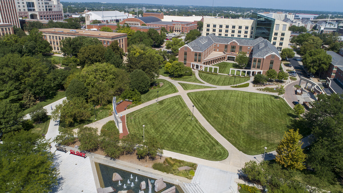 Aerial photo of Meier Commons and the Nebraska Union plaza with Kauffman Hall in the background. Kauffman is home to the Jeffrey S. Raikes School of Computer Science and Management.