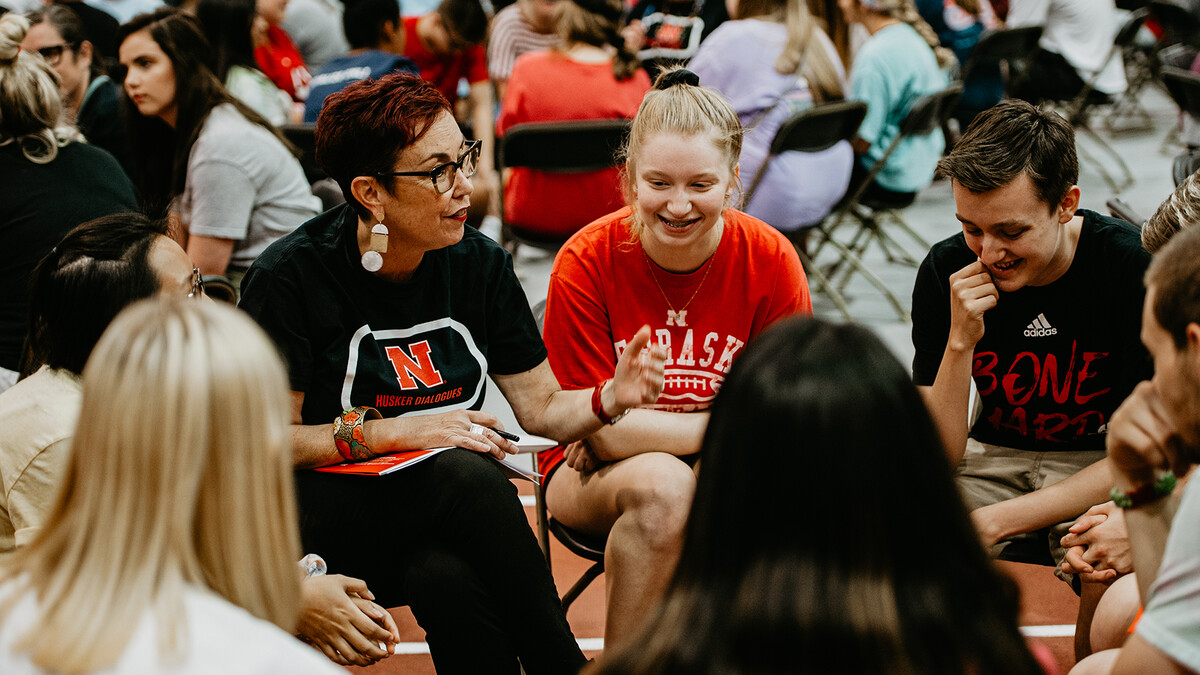 Megan Elliott, director of the Johnny Carson Center for Emerging Media Arts, guides a Husker Dialogues discussion in the Devaney Sports Center at the start of the fall 2019 semester. The Husker Dialogues project is designed to introduce first-year students to tools they can use to engage in meaningful conversations on inclusivity.
