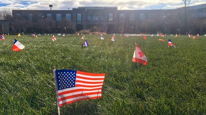 International flag display on the Green Space outside the Nebraska Union from 2019.