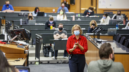 Colleen Medill, a professor in the College of Law, leads a lecture in McCollum Hall at the start of the fall 2020 semester.