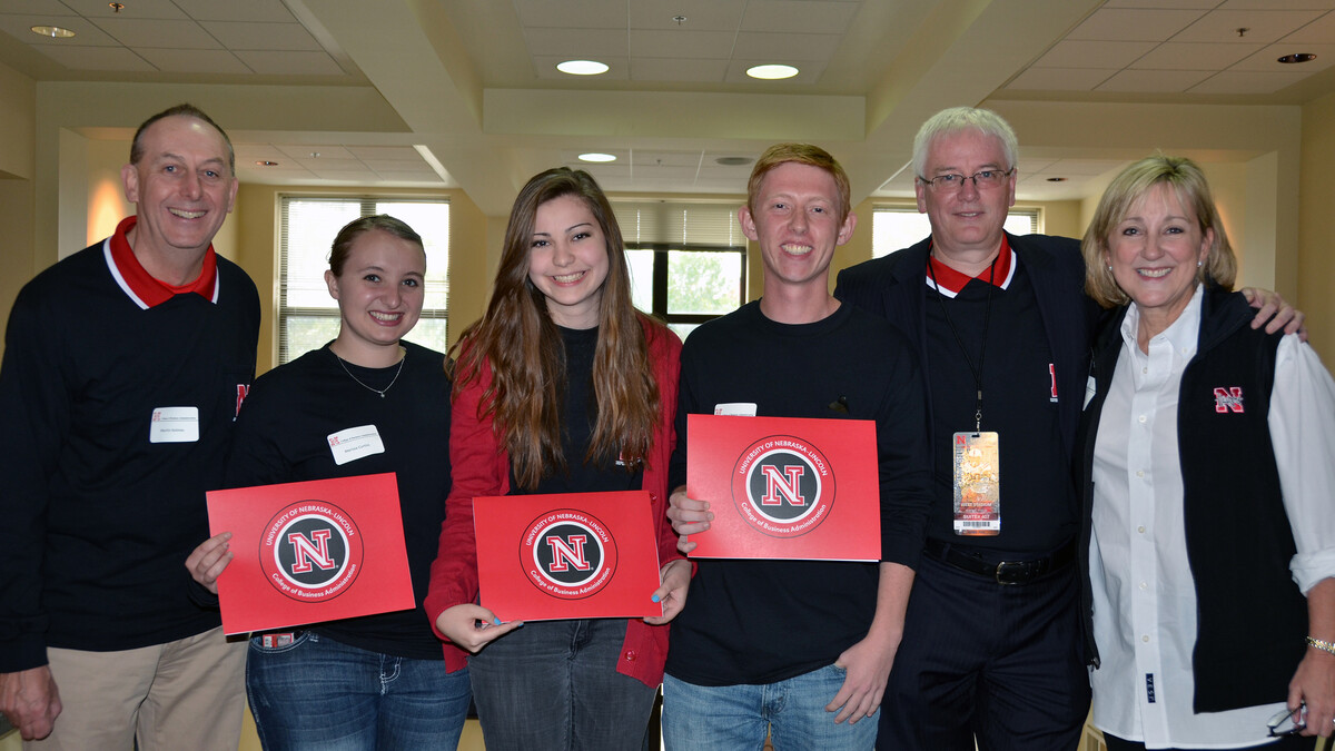 Three students received scholarships during the Oct. 5 celebration of UNL's Nebraska at Oxford program. Pictured (from left) are Martin Holmes, Nebraska at Oxford Program director and lecturer in political economy at Oxford; scholarship award winners Marissa Curtis, Christina Guthmann and Adam Smith; Nicholas Horsewood, assistant director of the program and lecturer in international economics at Oxford; and Donde Plowman, dean of CBA.