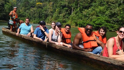 University of Nebraska-Lincoln students travel by boat to the Embera Drua indigenous community in Panama. Those pictured are (from left) Lucas Kahnk, Joseph Gomez, Debbie Seeley, trip sponsor J.K. Osiri, Corrin Bemis, Max Camey, Talia Halperin and Jacy Spencer.