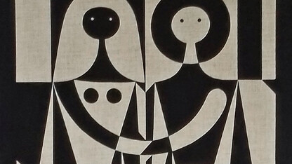 Detail of Alexander Girard wall hanging, black-and-white couple, screen print on linen, 1972.